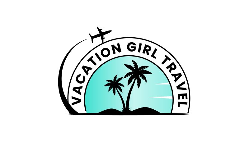 Vacation girl travel logo of palm trees with an airplane flying overhead.